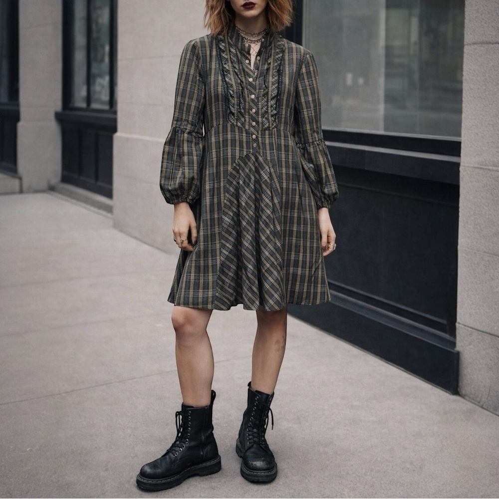 MOSCHINO JEANS Y2K Vintage Donna Plaid Ruffle Academia Dress